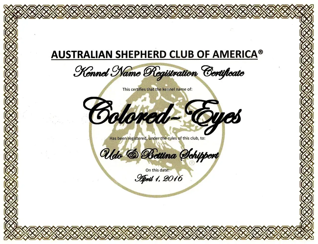 ASCA Kennel Name Certificate — Colored-Eyes